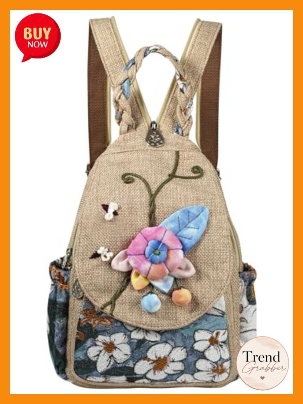 Handmade Canvas Mini Backpack Convertible Travel Daypack with 3D Mushroom